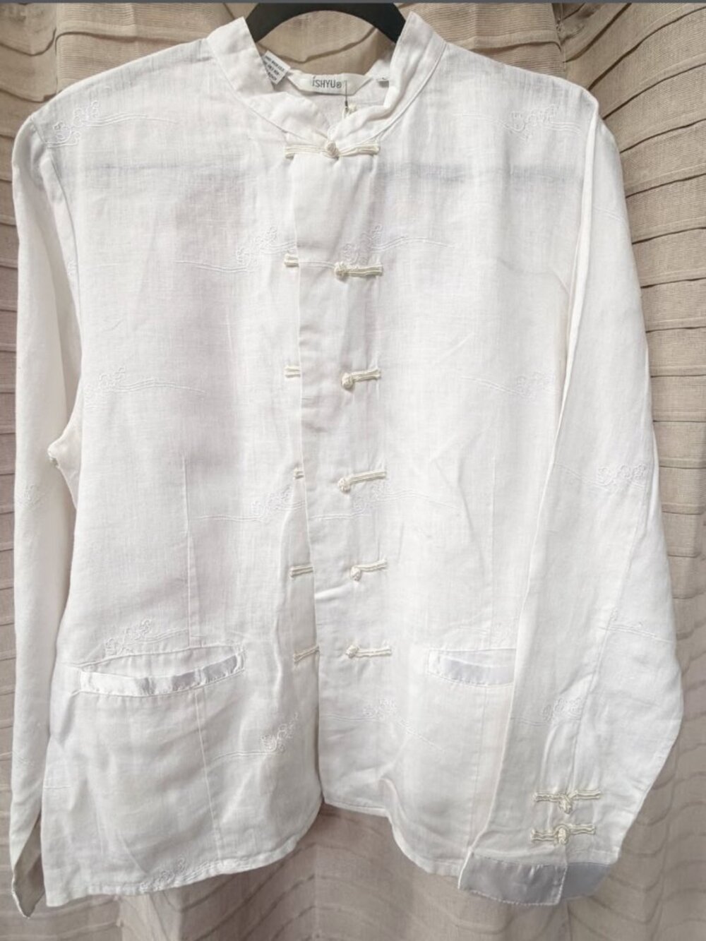 Vintage 90s 100% Linen Chinese Style Button Up Embroidered White Size L